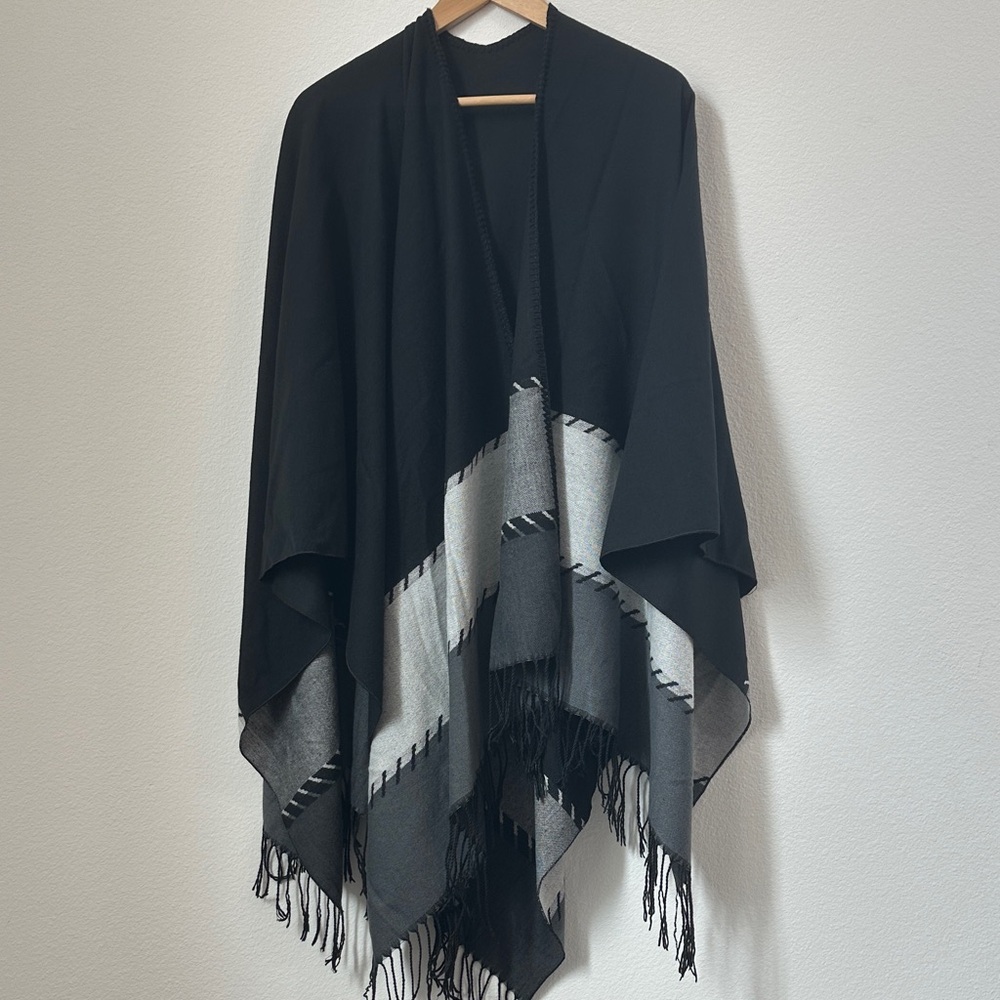 One size fits most cozy Black and Gray Fringe Poncho
